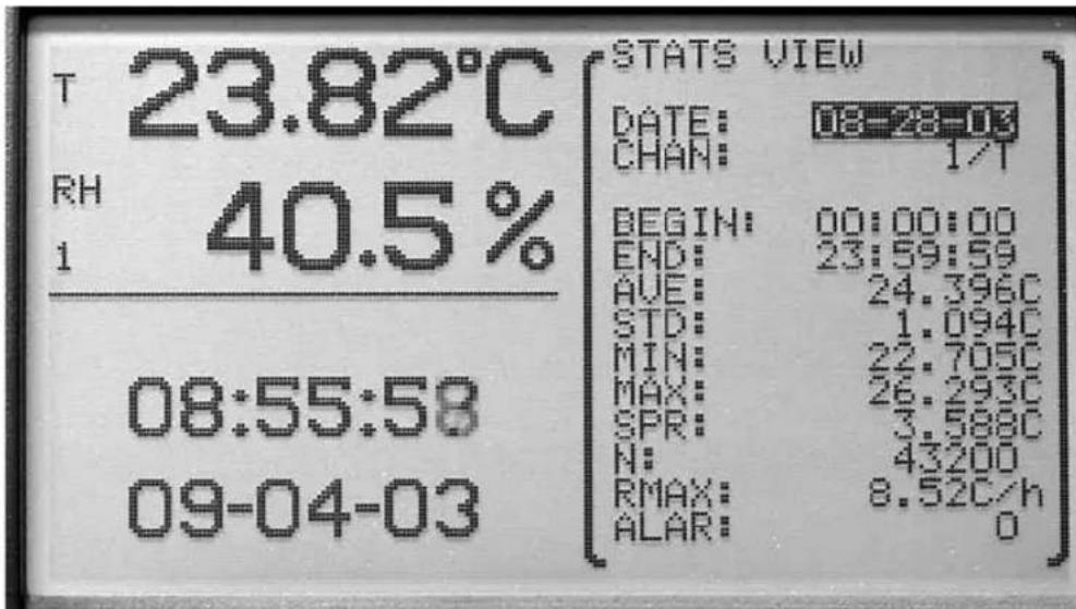 T 23.82°C RH 40.5% 1 08:55:58 09-04-03 STATS VIEW DATE: 08-28-03 CHAN: 1/T BEGIN: 00:00:00 END: 23:59:59 AVE: 24.396C STD: 1.094C MIN: 22.705C MAX: 26.293C SPR: 3.588C N: 43200 RMAX: 8.52C/h ALAR: 0