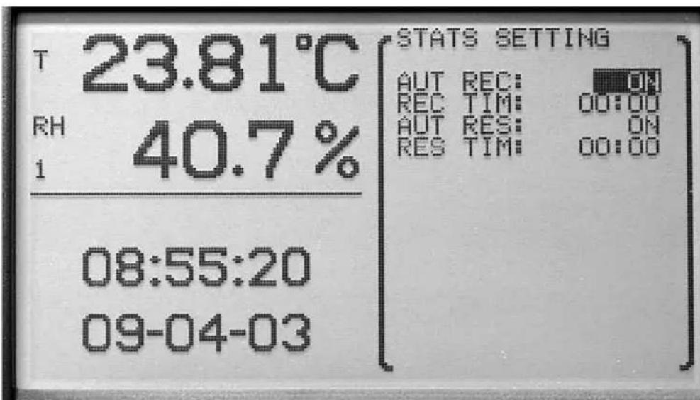 T 23.81°C RH 40.7% 1 08:55:20 09-04-03 STATS SETTING AUT REC: 02 REC TIM: 00:00 AUT RES: 04 RES TIM: 00:00