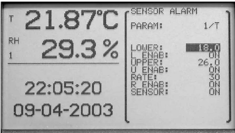 T 21.87°C RH 29.3% 1 22:05:20 09-04-2003 SENSOR ALARM PARAM: 1/T LOWER: 18.0 L ENAB: ON UPPER: 26.0 U ENAB: ON RATE: 30 R ENAB: ON SENSOR: ON