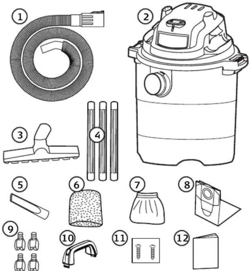 Diagram showing 12 labeled items of a cleaning or cleaning device, including hoses, washers, and tools.