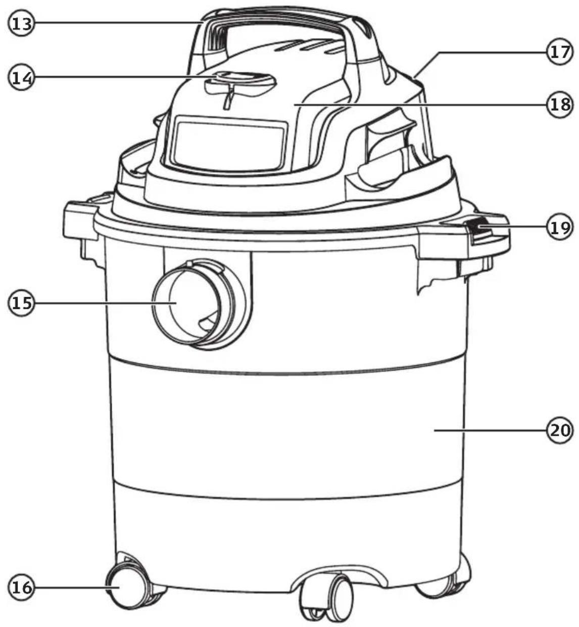 Technical diagram of a vacuum cleaner with numbered parts for identification