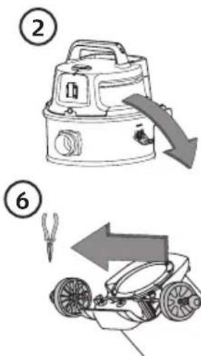 Diagram showing two steps of a vacuum cleaner: (1) adding air down, (2) adding exhaust, and (3) adding wheels.