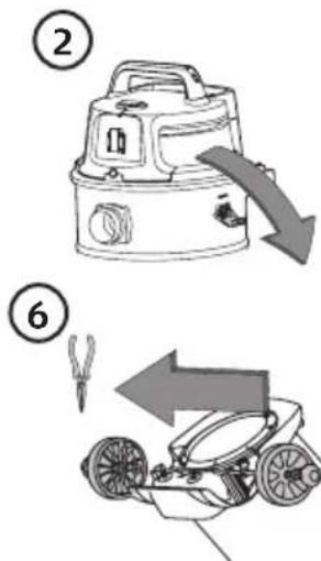 Diagram showing two steps of a vacuum cleaner: step 2 with downward arrow indicating process, step 6 with left-hand tool and right-hand tool.