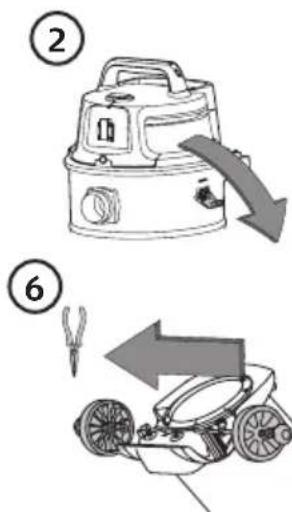 Diagram showing two steps of a vacuum cleaner: step 2 with directional arrow indicating process, step 6 with tool and blade diagram indicating operation.