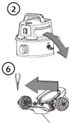 Diagram showing two steps of a robotic vacuum cleaner: step 2 with downward arrow indicating motion, step 6 with left-hand tool and right-hand tool.