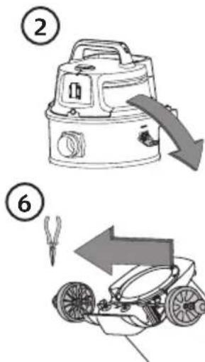 Diagram showing two steps of a vacuum cleaner: step 2 with downward arrow indicating process, step 6 with left-hand tool and right-hand tool.