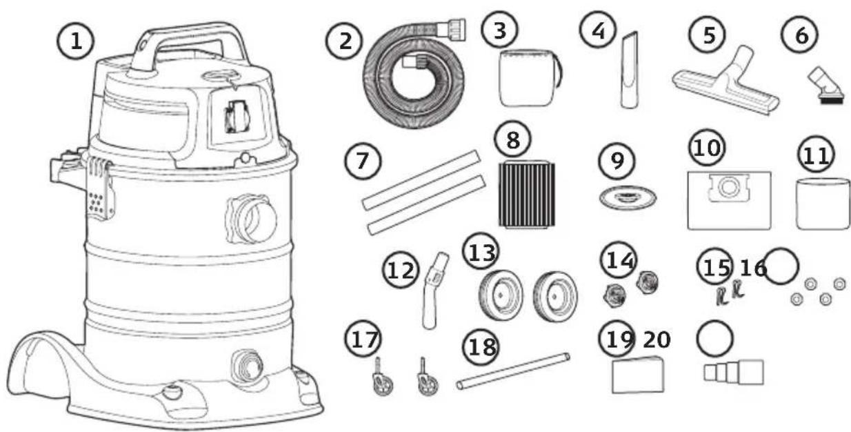 Exploded view diagram of a vacuum cleaner with numbered parts for identification and assembly reference.