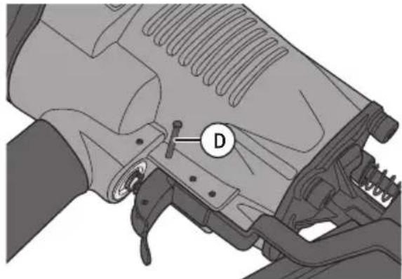 Technical diagram of a mechanical component with labeled part D, showing parts like gears and springs.