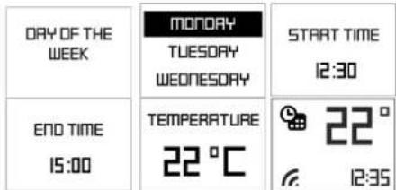 DAY OF THE WEEK MONDAY TUESDAY WEDNESDAY START TIME 12:30 END TIME 15:00 TEMPERATURE 22 °C 22 ° 12:35