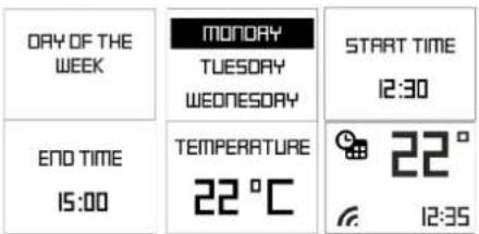 DAY OF THE WEEK MONORY TUESDAY WEDNESDAY START TIME 12:30 END TIME 15:00 TEMPERATURE 22 °C 22 ° 12:35