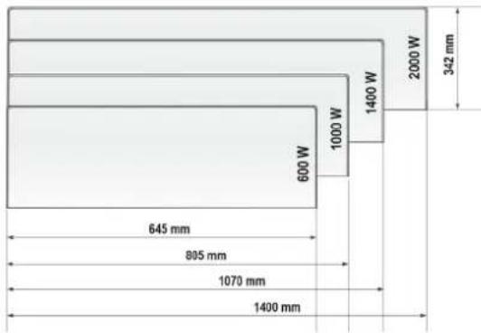 600 W 1000 W 1400 W 2000 W 342 mm 645 mm 805 mm 1070 mm 1400 mm