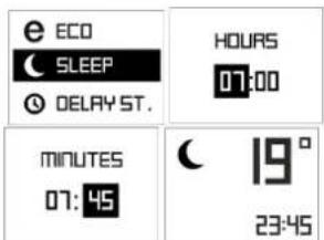 e ECO SLEEP DELAY ST. HOURS 07:00 MINUTES 07:45 19° 23:45