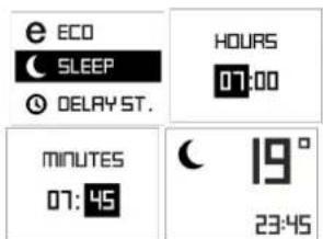 e ECO SLEEP ○ DELAY ST. HOURS 07:00 MINUTES 07:45 19° 23:45