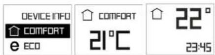 DEVICE INFO COMFORT e ECO COMFORT 21°C 22° 23:45