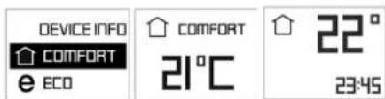 DEVICE INFO COMFORT 21°C 22° 23:45