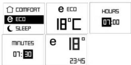 COMFORT e ECO SLEEP e ECO 18°C HOURS 07:00 MINUTES 07:30 e 18° 23:45