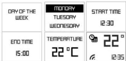 DAY OF THE WEEK MONDAY TUESDAY WEDNESDAY START TIME 12:30 END TIME 15:00 TEMPERATURE 22 °C 22 ° 12:35