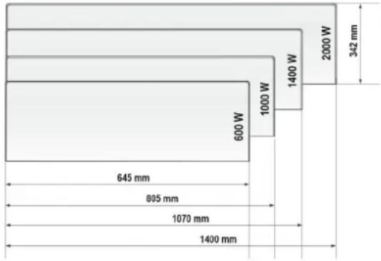 2000 W 1400 W 1000 W 600 W 342 mm 645 mm 805 mm 1070 mm 1400 mm