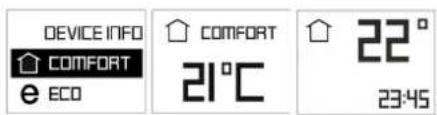 DEVICE INFO COMFORT e ECO COMFORT 21°C 22° 23:45