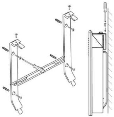 Technical line drawing of a mechanical support frame assembly with mounting brackets and a side-view detail (no text or symbols)