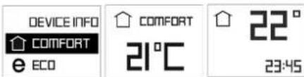 DEVICE INFO COMFORT e ECO COMFORT 21°C 22° 23:45
