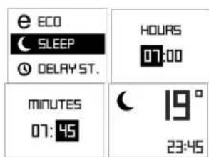 e ECO SLEEP DELAY ST. MINUTES 07:45 HOURS 07:00 19° 23:45