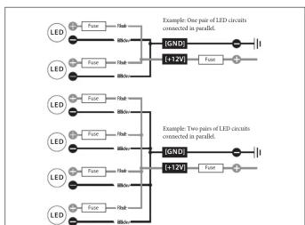 Example: One pair of LED circuits connected in parallel. LED Fuse 95kΩ IGND1 Fuse 95kΩ I+12V Fuse LED Fuse 95kΩ IGND0 Fuse 95kΩ I+12V Fuse LED Fuse 95kΩ LED Fuse 95kΩ LED Fuse 95kΩ LED Fuse 95kΩ LED Fuse 95kΩ LED Fuse 95kΩ LED