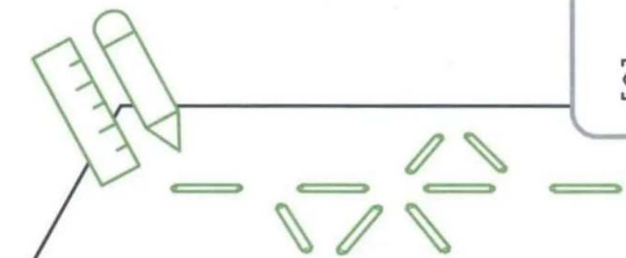 Einfache Strichzeichnung eines Bleistifts und Lineals auf einer Linie mit verstreuten grünen ovalen Formen (kein Text oder Symbole)