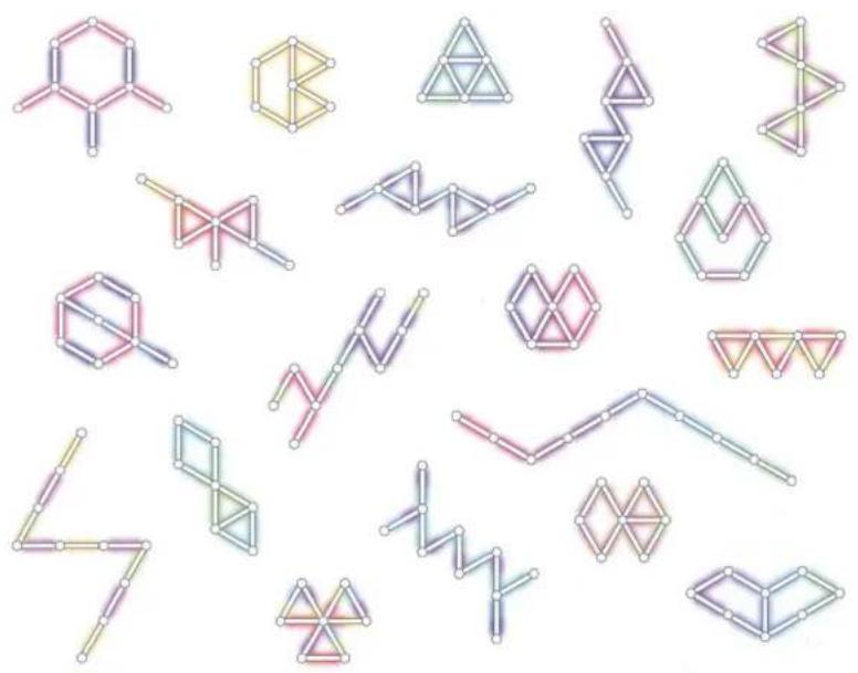 Sammlung von bunten geometrischen molekularen oder strukturellen Mustern auf weißem Hintergrund (kein Text oder Symbole)
