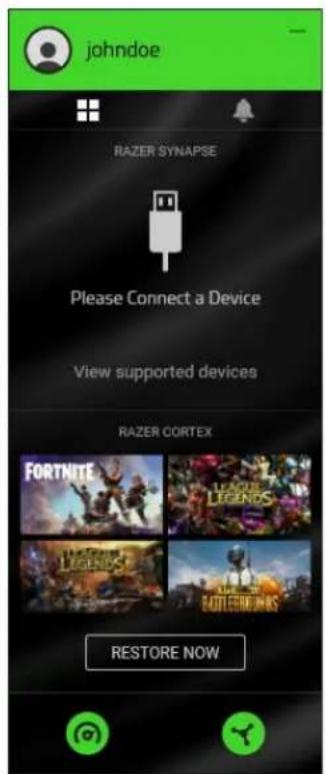 johndoe RAZER SYNAPSE Please Connect a Device View supported devices RAZER CORTEX FORTNITE LEAGUE LEGENDS LEGENDS LAKE OF BATTLECHIN JIMKS RESTORE NOW