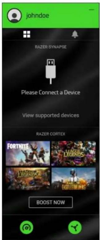 johndoe RAZER SYNAPSE Please Connect a Device View supported devices RAZER CORTEX FORTNITE LEAGUE LEGENDS LEAGUE LEGENDS BAIDLICEM MOINS BOOST NOW