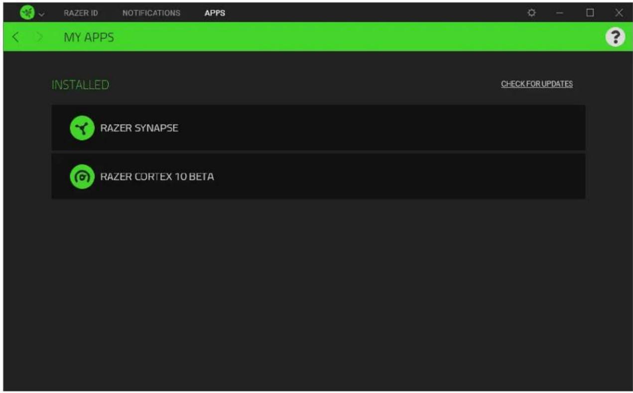 RAZER ID NOTIFICATIONS APPS MY APPS INSTALLED CHECK FOR UPDATES RAZER SYNAPSE RAZER CORTEX 10 BETA