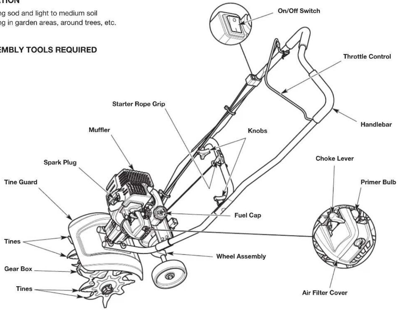 ON g sod and light to medium soil ing in garden areas, around trees, etc. MBLY TOOLS REQUIRED On/Off Switch Throttle Control Handlebar Starter Rope Grip Knobs Choke Lever Primer Bulb Fuel Cap Fuel Guard Spark Plug Muffler Tine Guard Tines Gear Box Tines Wheel Assembly Air Filter Cover