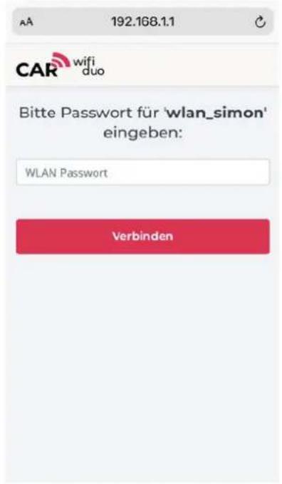 AA 192.168.1.1 CAR wifi duo Bitte Passwort für 'wlan_simon' eingeben: WLAN Password Verbinden