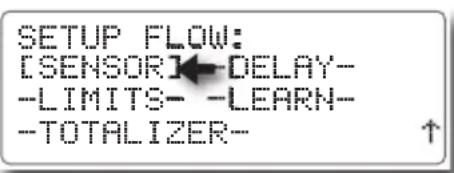 SETUP FLOW: [SENSOR]←DELAY- -LIMITS- -LEARN- -TOTALIZER-