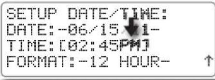 SETUP DATE/TIME: DATE: -06/15 ↓1- TIME: [02:45PM] FORMAT: -12 HOUR- ↑