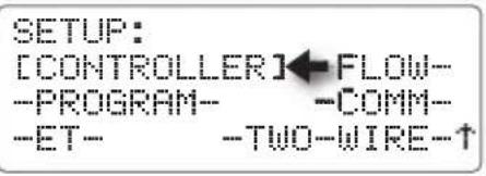 SETUP: [CONTROLLER]←FLOW-- -PROGRAM-- -COMM-- -ET-- -TWO-WIRE-↑