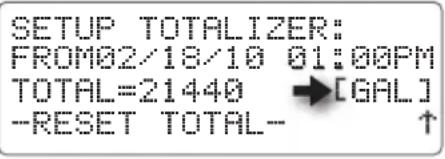 SETUP TOTALIZER: FROM02/18/10 01:00PM TOTAL=21440 →[GAL] -RESET TOTAL- ↑