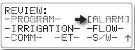REVIEW: -PROGRAM- →[ALARM] -IRRIGATION- -FLOW- -COMM- -ET- -S/W- ↑