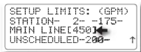SETUP LIMITS: (GPM) STATION- 2- -175- MAIN LINE[450] UNSCHEDULED-200- ↑