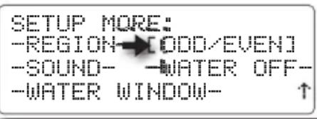 SETUP MORE: -REGION→[ODD/EVEN] -SOUND- -WATER OFF- -WATER WINDOW- ↑