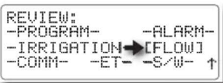 REVIEW: -PROGRAM- -ALARM- -IRRIGATION→[FLOW] -COMM- -ET- -S/W- ↑