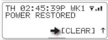 TH 02:45:39P WK1 ⬇.# POWER RESTORED → [CLEAR] ↑