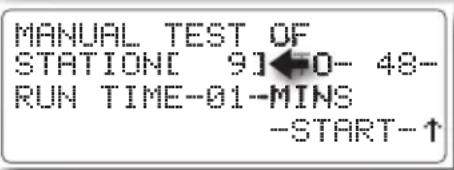 MANUAL TEST OF STATION[ 9]←0- 48- RUN TIME-01-MINS -START-↑