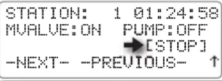 STATION: 1 01:24:58 MVALVE:ON PUMP:OFF →[STOP] -NEXT- -PREVIOUS- ↑