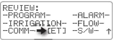 REVIEW: -PROGRAM- -ALARM- -IRRIGATION- -FLOW- -COMM→[ET] -S/W- ↑