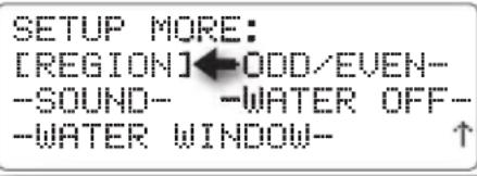 SETUP MORE: [REGION]←ODD/EVEN-- -SOUND- -WATER OFF-- -WATER WINDOW- ↑