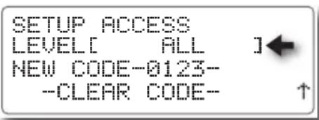 SETUP ACCESS LEVEL[ ALL ] NEW CODE-0123-- -CLEAR CODE-