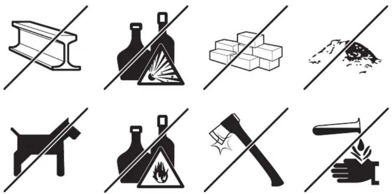 Diagram showing various types of hazardous materials and tools including steel beams, firecrackers, bricks, coal piles, a dog, a hammer, and a hand with a drop.