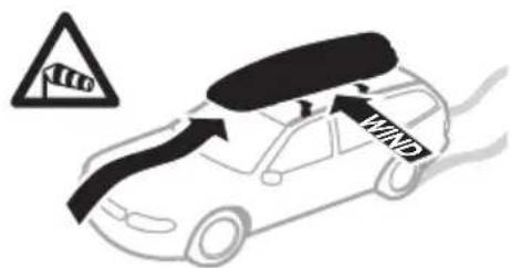 Diagram showing a car with wind speed warning sign and warning symbol, indicating vehicle hazard or accident risk.
